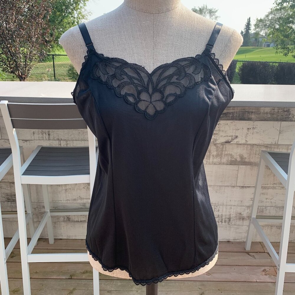 Vintage 90s Camisole Black Silky Satin Lace Trim Y2K Boho Capsule Tank Top